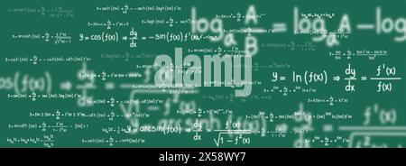 Équations et formules de logarithmes, dérivés, trigonométriques, logarithmiques, hyperboliques et inverses sur fond de tableau noir vert Illustration de Vecteur