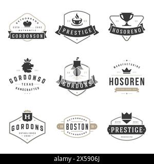 Ensemble de modèles de conception de logos vintage. Collection d'éléments de logotypes vectoriels, symboles d'icônes, étiquettes rétro, badges, silhouettes, rubans et cadres. Illustration de Vecteur