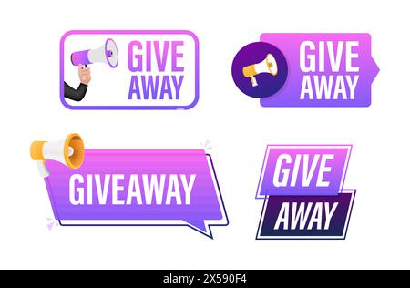 Texte cadeau avec jeu d'étiquettes Megaphone. Bannière de promotion mégaphone en main. Marketing et publicité Illustration de Vecteur