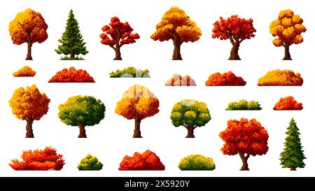 arbres à pixels de forêt d'automne 8 bits, actif de jeu d'arcade rétro. Ensemble vectoriel isolé de plantes de paysage ui ou gui naturelles avec feuillage orange vif, jaune ou rouge. Conifères ou épicéas et buissons Illustration de Vecteur