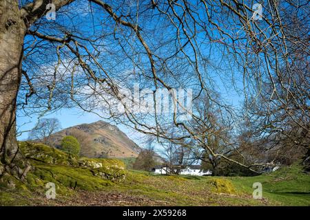 Le sommet rocheux de Helm Crag vu sur le chemin de Grasmere à Silver Howe, Lake District National Park, Cumbria, Royaume-Uni Banque D'Images