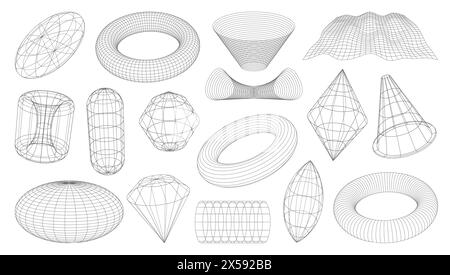 Formes filaires 3D, grilles brutales et technologiques en maillage perspective rétro, éléments vectoriels. Abstrait filaire forme tore et tunnel, polygone géométrique et planète avec entonnoir en treillis métallique de perspective 3D. Illustration de Vecteur