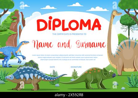 Diplôme pour enfants, personnages de dinosaures de bande dessinée de l'ère Jurassique. Reconnaissance vectorielle ou modèle de certificat de réussite pour les enfants. Cadre d'honneur pour la célébration du triomphe ou de la remise des diplômes avec Dino préhistorique Illustration de Vecteur