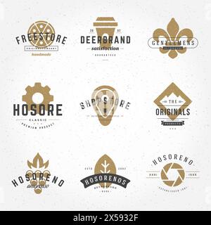 Vintage logos Design modèles dessinés à la main ensemble. Collection d'éléments de logotypes vectoriels, symboles d'icônes, étiquettes rétro, badges, silhouettes, tasse à café, FAS Illustration de Vecteur