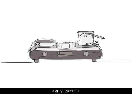 Un dessin en ligne continue de cuisinière à gaz avec casserole en acier inoxydable au-dessus de l'appareil ménager. Concept de modèle d'outils ménagers d'électricité de cuisine. Tendance s Illustration de Vecteur