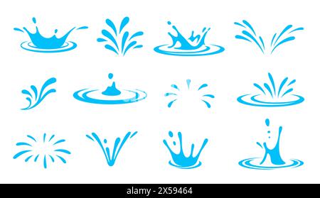Les effets d'éclaboussure d'eau de dessin animé décrivent les éclaboussures dynamiques fluides, les gouttelettes et les ondulations en mouvement. Ensemble vectoriel isolé d'éclaboussures liquides, d'éclaboussures aqua ou d'eau et de tourbillons pour l'animation et les effets visuels Illustration de Vecteur
