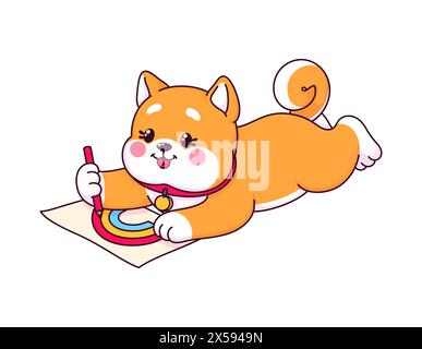 Mignon japonais kawaii shiba inu chiot dessin avec crayon. Personnage de chien adorable vecteur isolé couché sur le sol et peignant illustration arc-en-ciel sur papier. Artiste chiot drôle appréciant le passe-temps créatif Illustration de Vecteur