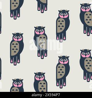 Motif sans couture avec chouettes mignons. Fond bleu enfantin et beige de style cartoon plat avec des oiseaux de nuit de forêt. Texture de bébé sans fin pour papier peint Illustration de Vecteur