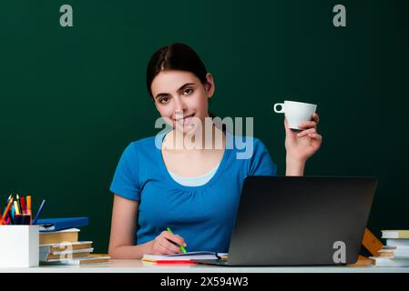 Le nouveau professeur vérifie les devoirs. Étudiante attirante ou nouvelle enseignante. Apprentissage de la langue et concept d'éducation. Jeune enseignante. Le Banque D'Images