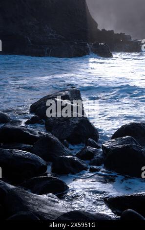 Vagues se brisant sur les rochers, Mahukona, Big Island, Hawaii, United States of America. Banque D'Images