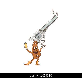 Personnage groovy de pistolet de revolver occidental rétro de dessin animé. Vieux shérif américain du Wild West, cow-boy, bandit ou personnage vecteur d'arme Gunslinger avec canon fumant et balle. Emoji arme vintage Wild West Illustration de Vecteur