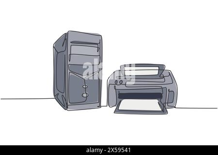 Un dessin au trait continu de l'ordinateur cpu et de l'imprimante pour petit appareil de bureau. Concept de modèle d'équipement domestique d'entreprise d'électricité. Singl tendance Illustration de Vecteur