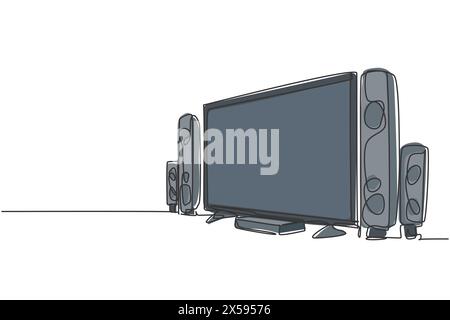 Dessin au trait continu unique d'un home cinéma de luxe coûteux avec un système audio de haut-parleur exceptionnel. Concept d'appareil ménager de salon électronique. Moderne Illustration de Vecteur