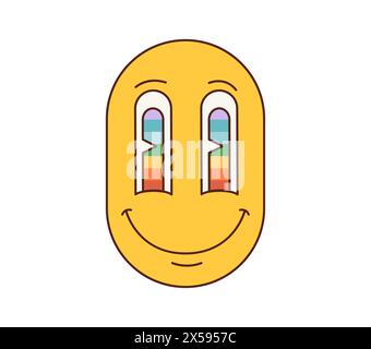 Dessin animé rétro groovy sourire avec de longs yeux. Visage hippie vecteur isolé avec un look arc-en-ciel. Emoji psychédélique vintage jaune, expression faciale positive. Bizarre, trippy visage, acide surréaliste, ambiance funky lsd Illustration de Vecteur