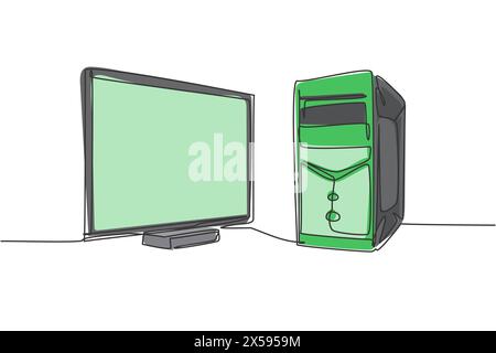 Dessin en ligne continue unique de l'ordinateur cpu et du moniteur d'écran pour soutenir les affaires. Concept électronique d'équipement de petite entreprise à domicile. Moderne Illustration de Vecteur