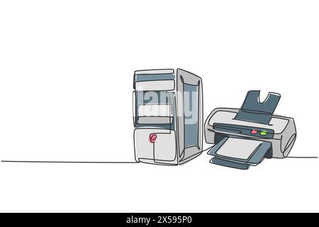 Un dessin simple ligne de l'ordinateur cpu avec imprimante jet d'encre pour petit bureau à domicile. Concept d'outils d'équipement d'affaires d'électricité. Li. Continue dynamique Illustration de Vecteur