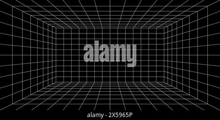 espace de grille 3d. Salle de boîte numérique futuriste vide, fond abstrait noir avec vue en perspective des lignes d'espace de grille blanche. Cyber-technologie de réseau, science-fiction, wireframe. Cyberpunk et vaporwave Illustration de Vecteur