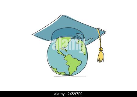 Globe terrestre avec chapeau de graduation. Un dessin au trait de la conception minimaliste d'illustration vectorielle sur fond blanc. Ligne simple isolée graphique moderne St Illustration de Vecteur