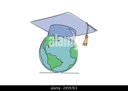 Chapeau de graduation sur le globe terrestre. Icône graphique de diplôme mondial en ligne continue unique. Une ligne dessine doodle pour le concept d'éducation. Vecteur i isolé Illustration de Vecteur