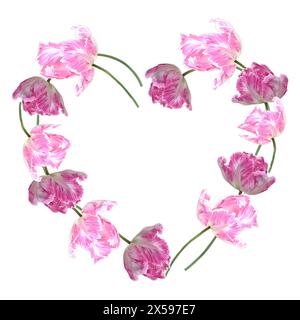 Un coeur fait de fleurs de tulipes roses. Les fleurs sont disposées en spirale. Le cœur est entouré d'un fond blanc. Illustration de Vecteur
