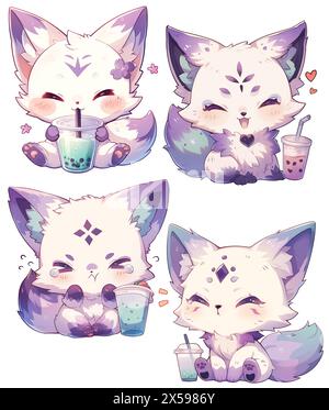 renard blanc fantaisie boba ensemble de boisson emotes autocollants mignon kawaii enfants adorable enfants couleurs pastel logo emoji Banque D'Images