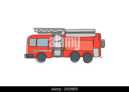 Dessin simple d'une ligne de camion de pompier avec échelle de sauvetage et buse. Moteur de pompier en tant qu'appareil de pompier concept minimal isolé de gribouillage. Tendance conti Illustration de Vecteur