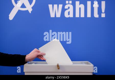 Leipzig, Allemagne. 08 mai 2024. Une femme jette un bulletin de vote pour les élections européennes dans une urne du nouvel hôtel de ville de Leipzig. Outre les élections européennes, des élections locales auront lieu en Saxe le 9 juin. Crédit : Jan Woitas/dpa/Alamy Live News Banque D'Images