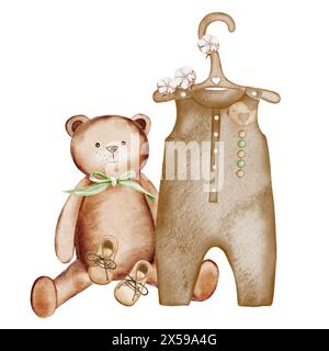 Carte d'invitation à l'aquarelle pour la douche de bébé mignon. Composition de vêtements pour enfants sur un cintre, un ours en peluche et des bottes. Idéal pour les cartes de douche de bébé Banque D'Images