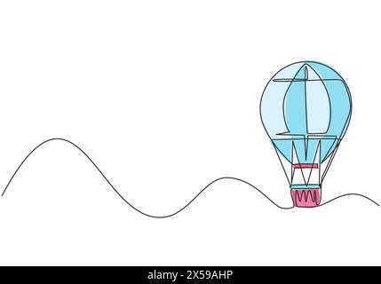 Ballon à air chaud continu à une ligne avec motif rayé et nacelle pour passager. Expérience amusante de vacances en vol dans le ciel avec la famille. Péché Illustration de Vecteur