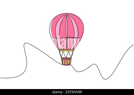 Dessin simple d'une ligne de montgolfière avec motif de rayures et un panier de passager volant haut dans le ciel. Expérience de vacances . Continuou moderne Illustration de Vecteur