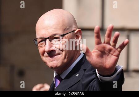 John Swinney après avoir parlé aux médias après avoir prêté serment en tant que premier ministre de l'Écosse et gardien du sceau écossais, à la Cour de session d'Édimbourg. Date de la photo : mercredi 8 mai 2024. Banque D'Images