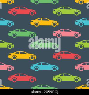 Modèle sans couture avec des voitures colorées sur fond sombre. Illustration vectorielle. Illustration de Vecteur