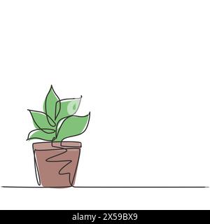 Une ligne continue dessinant des plantes en pot avec cinq feuilles en croissance sont utilisées pour les plantes ornementales. Plante pour décorer l'évier afin qu'il semble vert. O Illustration de Vecteur