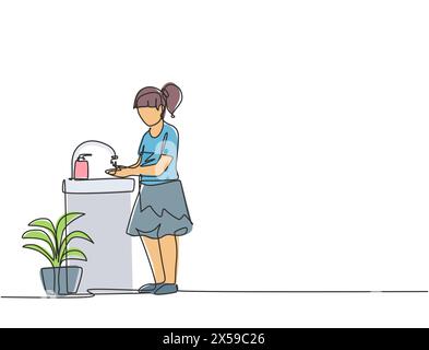 Une seule ligne continue dessinant une fille se lave les mains dans l'évier, il y a un porte-savon près du robinet et il y a un pot de plantes sous l'évier. Un l Illustration de Vecteur