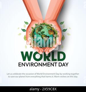 Affiche de la Journée mondiale de la Terre. deux mains tenant et plante verte et globe. conception d'illustration vectorielle abstraite. Illustration de Vecteur