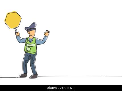 Continu d'une ligne dessinant policier en plein uniforme et soulevant les panneaux de circulation contrôlent les foules de véhicules pendant l'heure de pointe du bureau. Simple Illustration de Vecteur