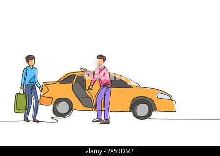 Un seul dessin d'une ligne de chauffeurs de taxi masculins invitent les passagers potentiels à entrer à l'intérieur et à les livrer à leur destination. Continuou moderne Illustration de Vecteur