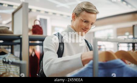 Beau client masculin Shopping dans le magasin de vêtements, en choisissant des vêtements élégants. Portrait de jeune homme attrayant dans la boutique à la mode, marques à la mode, collection de nouveaux designers faite de matériaux durables Banque D'Images