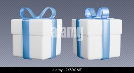 Boîtes cadeaux avec rubans, boîtes blanches 3D réalistes avec des arcs bleus. Cadeau surprise isolé sur fond gris. Illustration de Vecteur