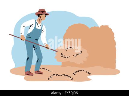 Homme fermier du village ramassant le foin dans une pile Illustration de Vecteur