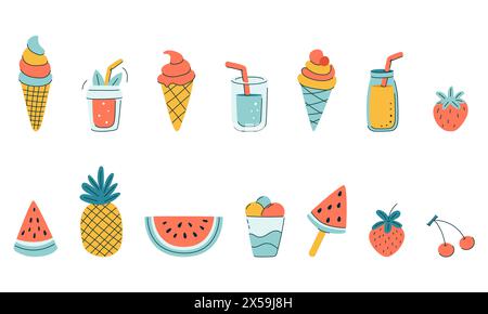 Une collection d'images colorées et ludiques de dessins animés de fruits et de boissons. L'ensemble comprend pastèque, fraise, cerise, boissons froides, crème glacée. ISOL Illustration de Vecteur