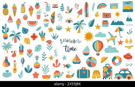Grande collection d'éléments de design colorés pour les voyages et les loisirs. Ensemble comprennent des plantes, des fruits, des boissons froides. Décorations vectorielles de dessin animé simples isolées Illustration de Vecteur