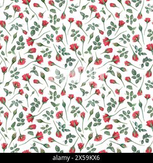 Roses rouges. Motif sans couture. Fleurs de rubis et feuilles vertes sur les tiges. Fleur de jardin d'été fleurie avec des bourgeons. Illustration aquarelle. Banque D'Images