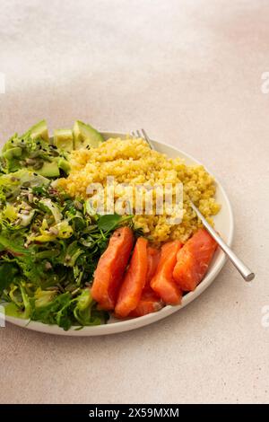 Délicieux petits déjeuners sains, bouillie de bulgur au poisson de saumon rouge et un mélange de salade avec des légumes frais, de l'avocat et diverses graines, un équilibre sain Banque D'Images