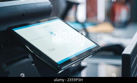 Gros plan d'une fonction de reconnaissance électronique des empreintes digitales sur un écran numérique. Acheter dans un magasin. Client achetant des articles dans la boutique avec ID numérique. Banque D'Images