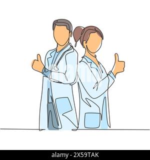 Dessin en ligne de jeune couple heureux homme et femme médecin debout ensemble et donnant des pouces vers le haut des gestes. Concept de travail d'équipe en santé médicale. Illustration de Vecteur