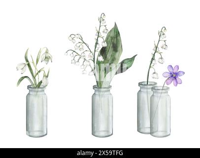 Arrangement de fleurs d'aquarelle avec bouquets blancs de lis délicats et de gouttes de neige de la vallée et scilla lilas délicat. Premier ressort dessiné à la main Banque D'Images