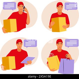 Homme tenant une boîte. ourier livre le colis . L'illustration vectorielle s'isole sur un fond blanc Illustration de Vecteur