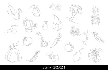 Ensemble de fruits, légumes et baies de contour. Illustration vectorielle isolée sur fond blanc. Style d'illustration à une ligne. Collecte avec des aliments biologiques. CAN Illustration de Vecteur
