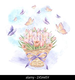 Fleurs de tulipe dans un panier en osier avec arc et papillons volants. Illustration d'aquarelle florale. Bouquet de printemps isolé dessiné à la main. Dessin vintage te Banque D'Images